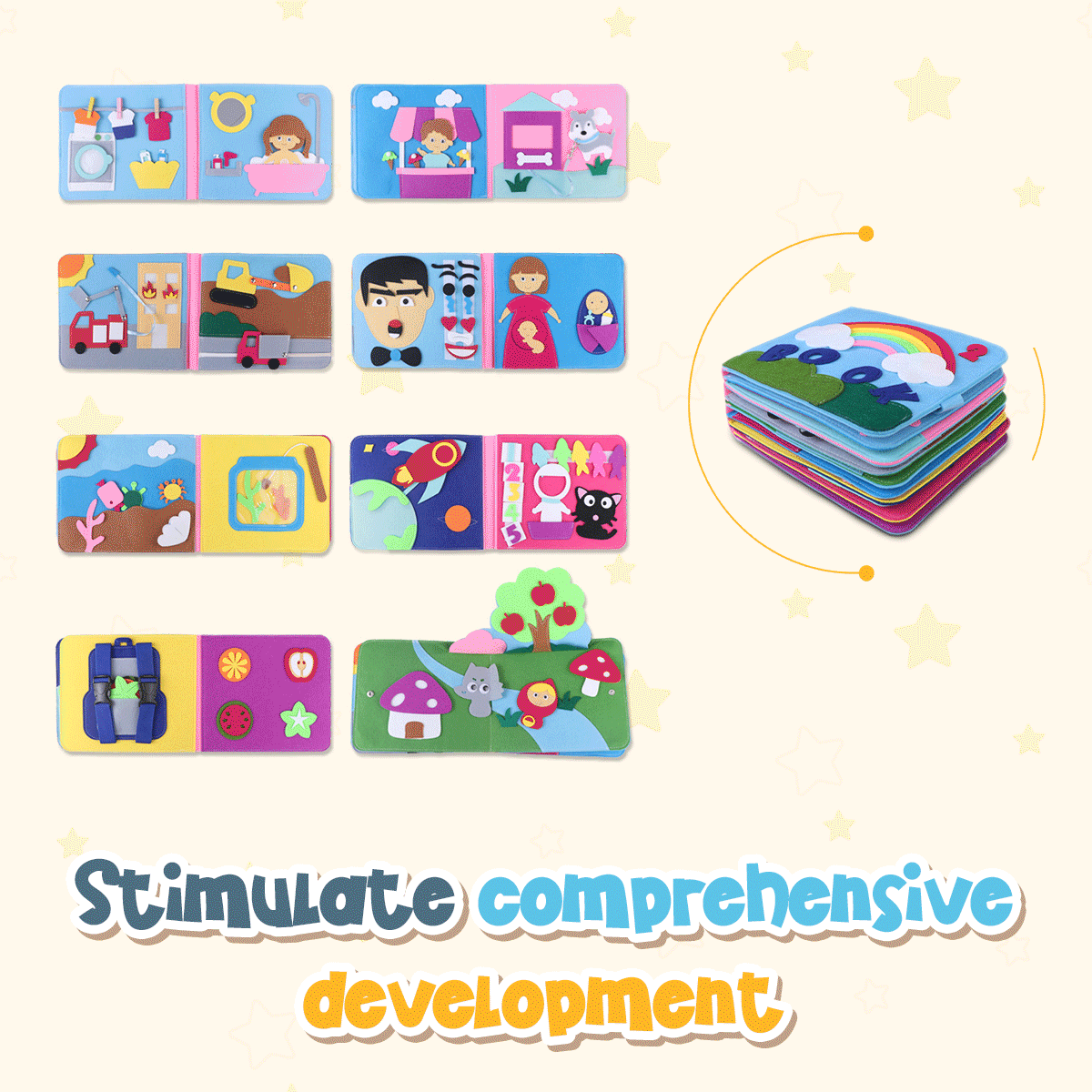 Felt book pages showing educational content