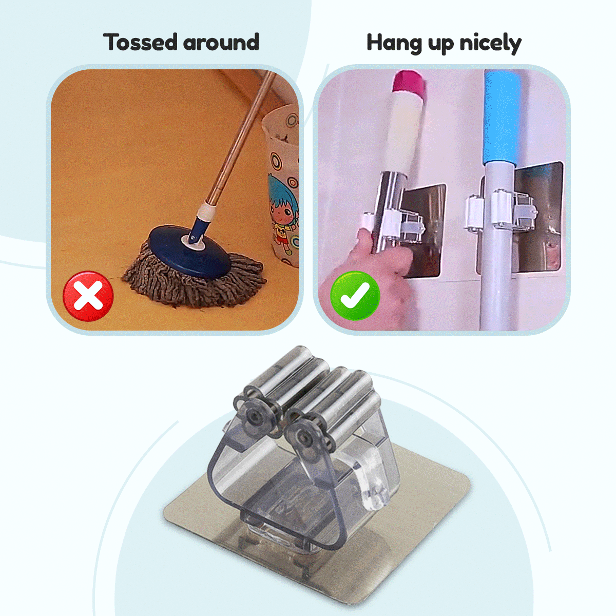 Mop hanging on wall hook