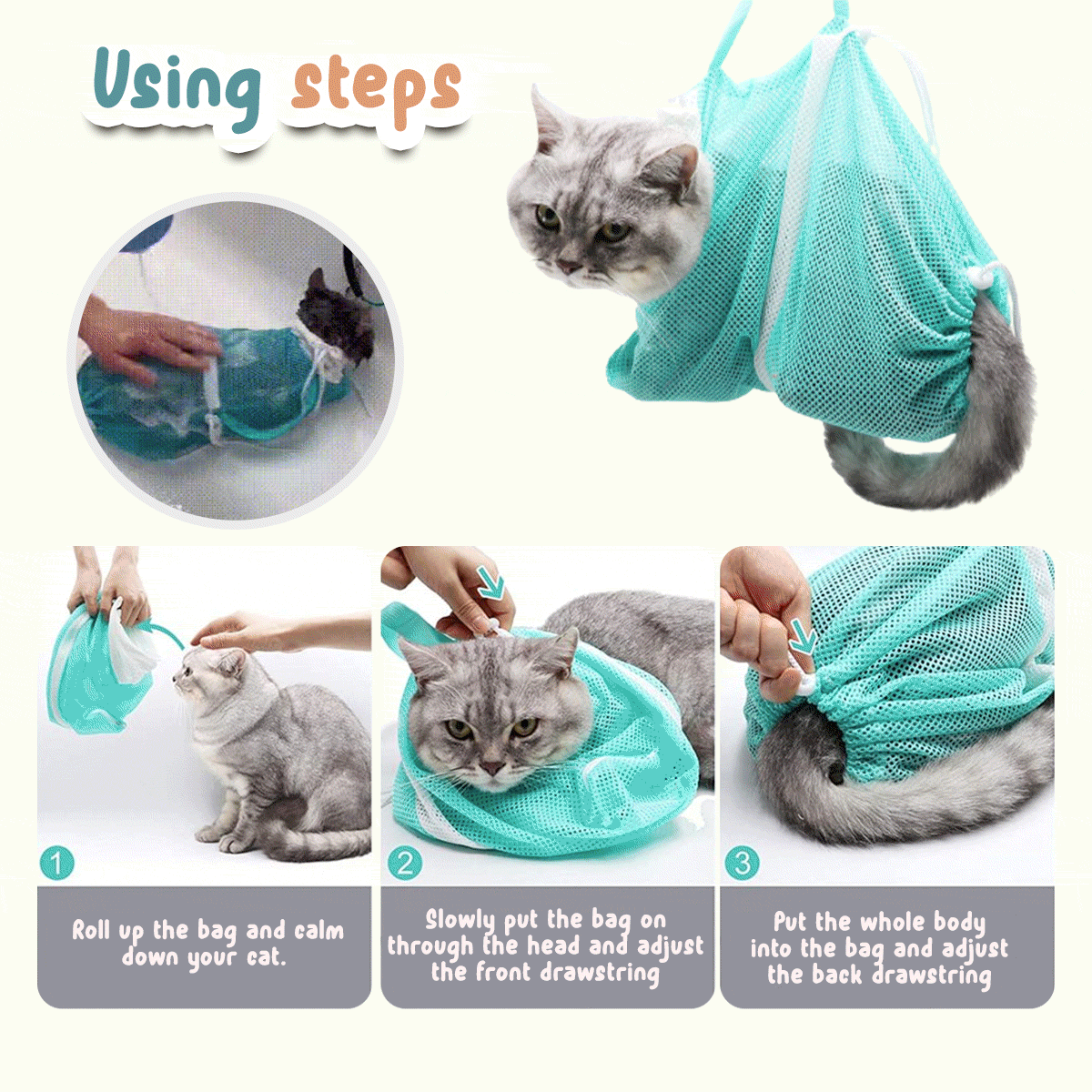 How to put on cat bath bag