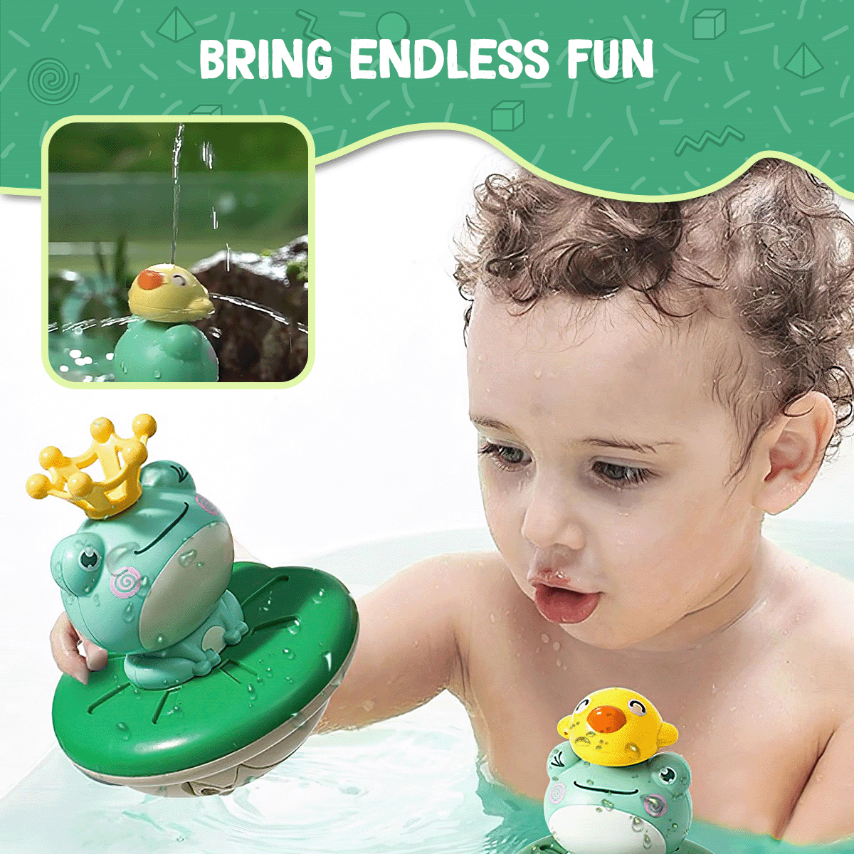 Kid playing with frog bath toy