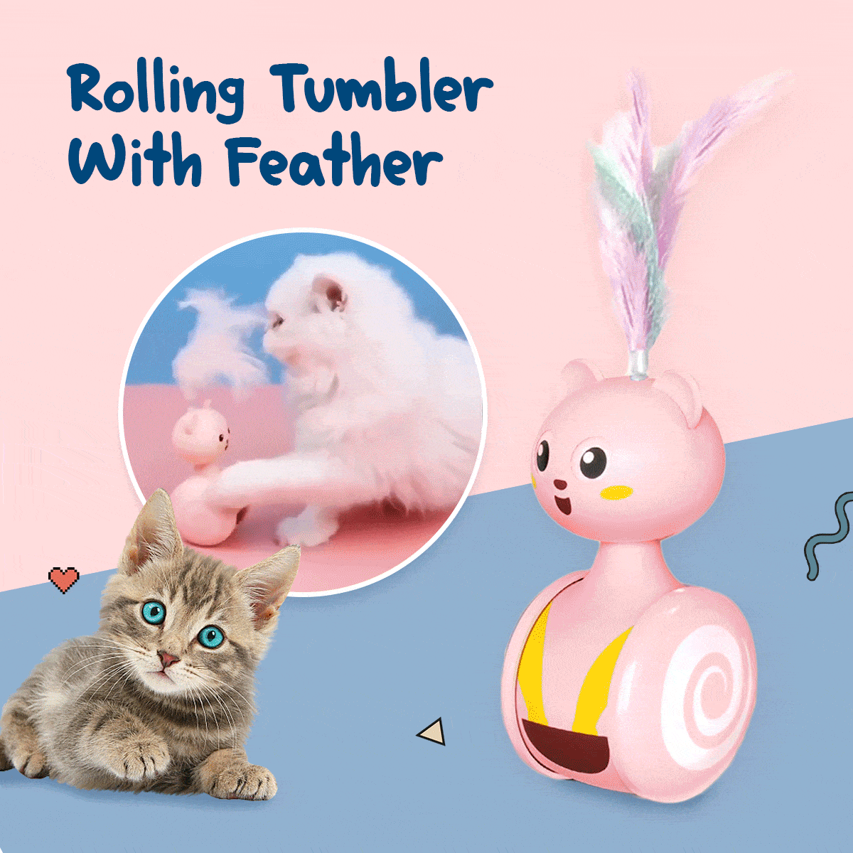 Cat playing with feather tumbler toy