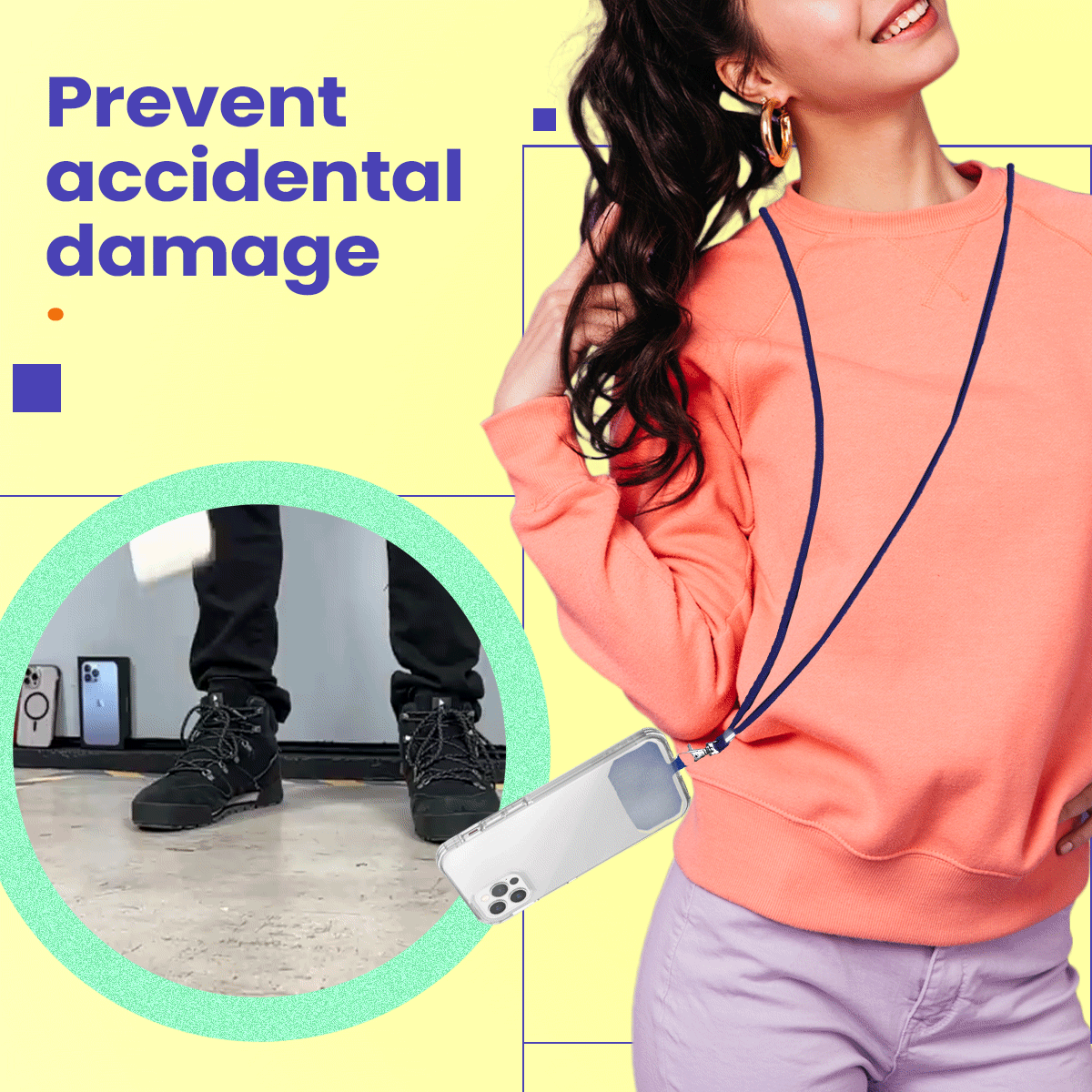 Phone attached to lanyard preventing drop