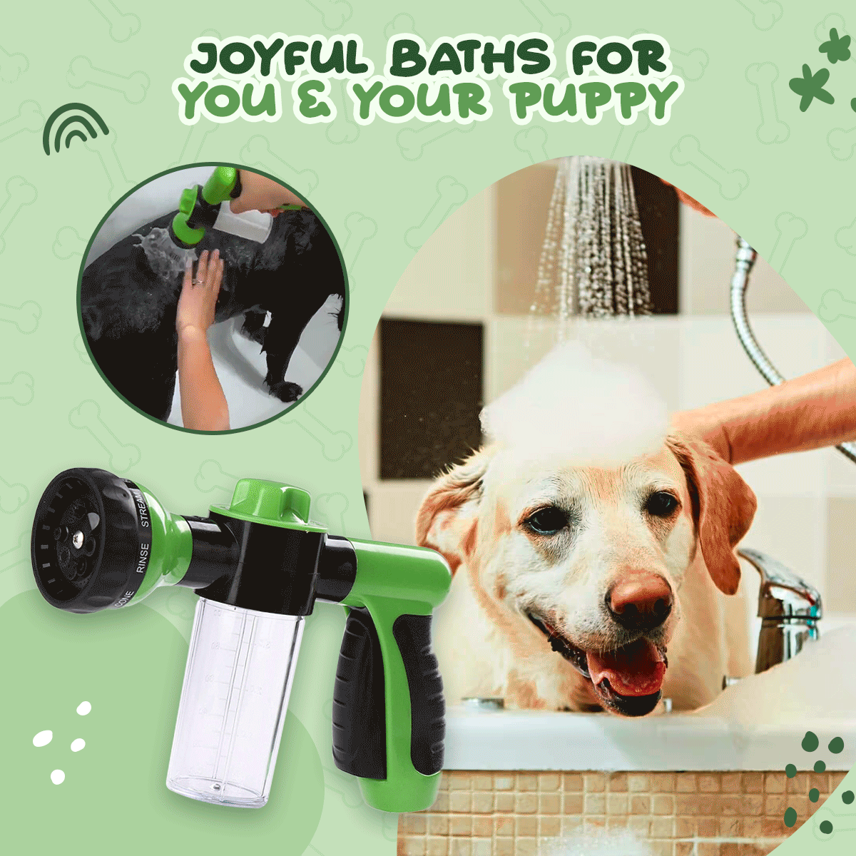 Puppy enjoying bath with shower head