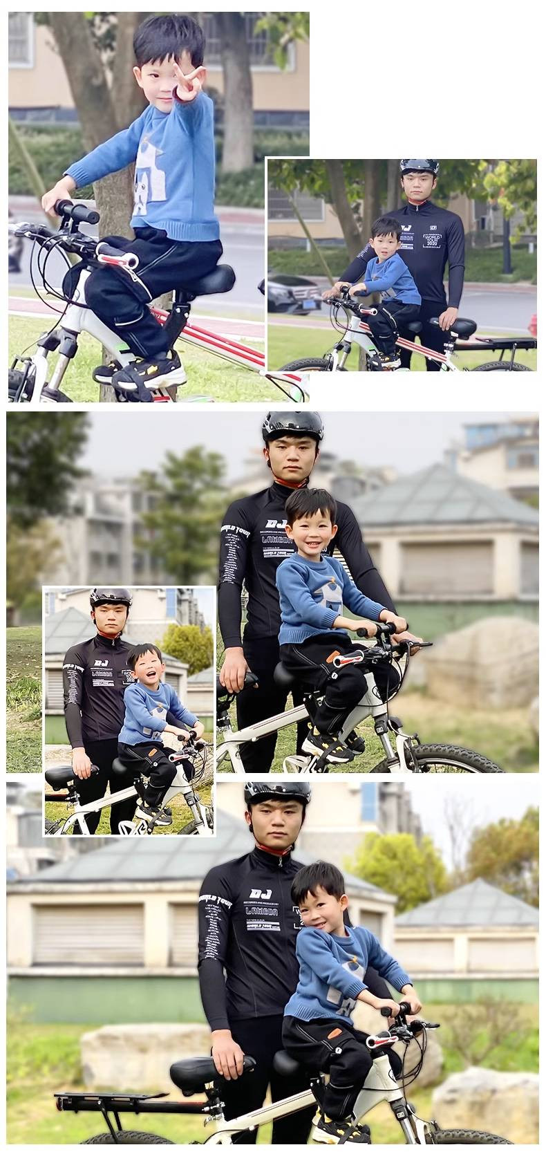 Child safely seated on bike handlebar